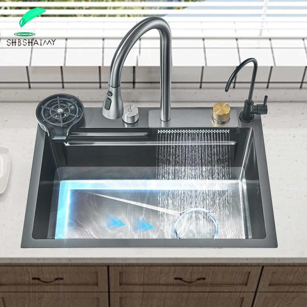 Kitchen Accessories Kitchen Sink Kitchen Sink Faucet Set Waterfall Kitchen Sink 304 Stainless Steel Large Single Slot Integrated Faucet Set Soap Dispenser Cup washer With Fancet