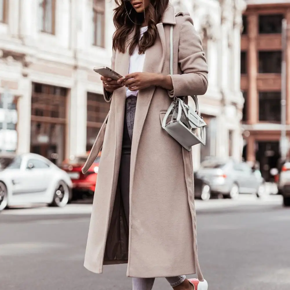 

Oversize Coat Women Long Coat Thick Turndown Collar Split Hem Long Coat Popular Belt Turndown Collar Overcoat for Dating