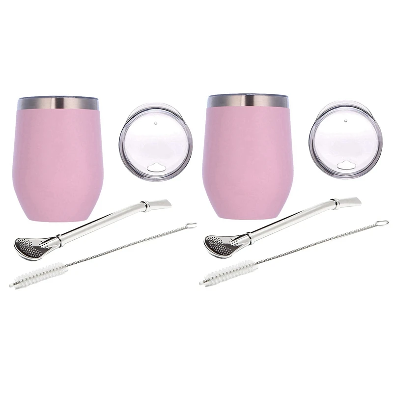 

2X Double-Wall Stainless Yerba Gourd Mate Tea Set Water Mate Tea Cup With Lid Spoon Straw Bombilla Head Filter Brush Promotion