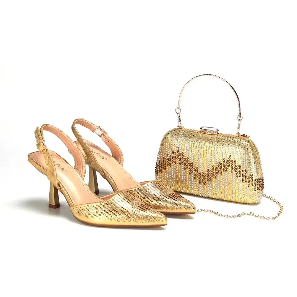 

MEOD Gold Italian Shoes with Matching Bags Set Decorated with Rhinestone Women Summer Shoes African Wedding Shoe and Bags !Ma-15