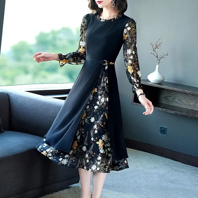 

Dresses Simplicity Elegant Slim Office Lady Summer Thin Printing Long Sleeve O-neck Patchwork Temperament Women's Clothing 2023