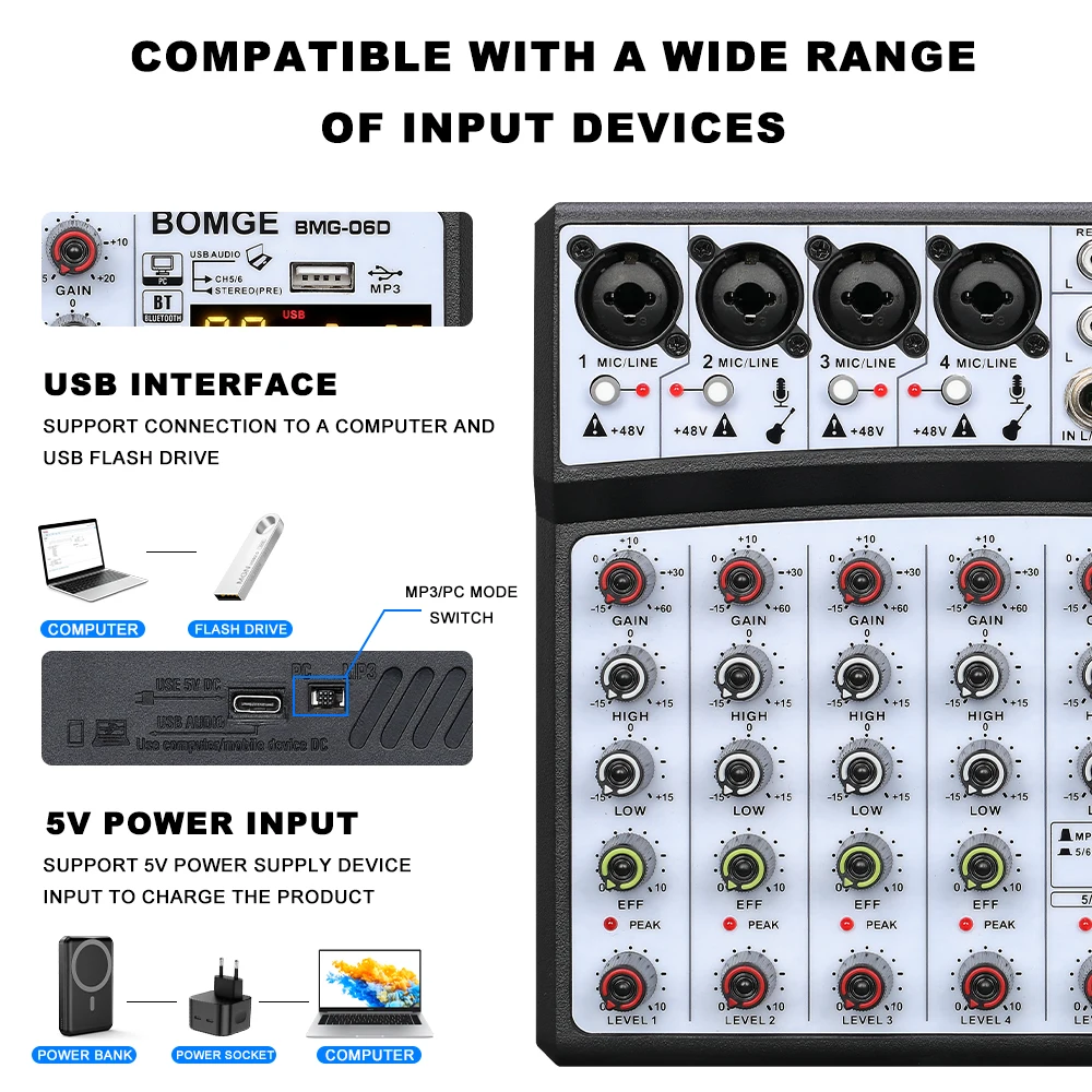 Professional 4 6 channels 99DSP Audio mixer BT Recording Mixing Console USB Interface Sound Card 48V PC MP3 DJ Recording audio mixer