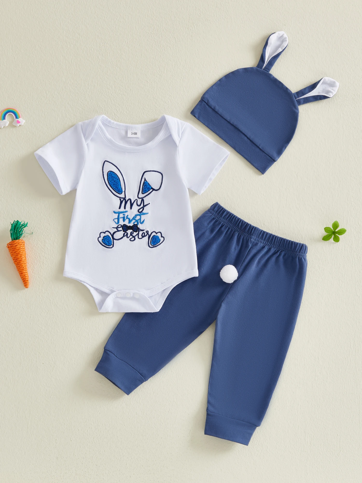Adorable Baby Easter Outfit Set with Crew Neck Romper Bunny Ears Embroidery Elastic Waist Pants and Matching Hat for Boys