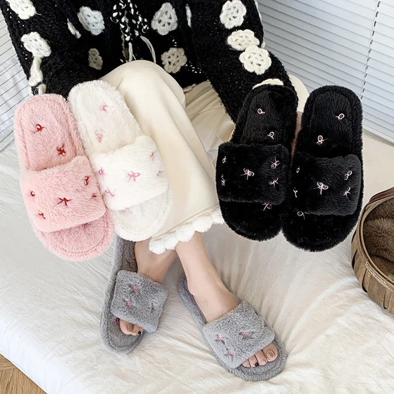 Chic Bow Embroidery Women's Fluffy Slippers Autumn Winter Open Toe Home Cotton Slippers Women Soft Sole Non Slip House Shoes