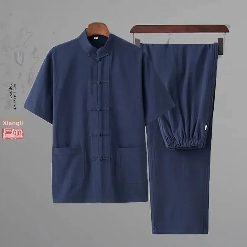 Navy blue two-piece short-sleeved shirt + trousers