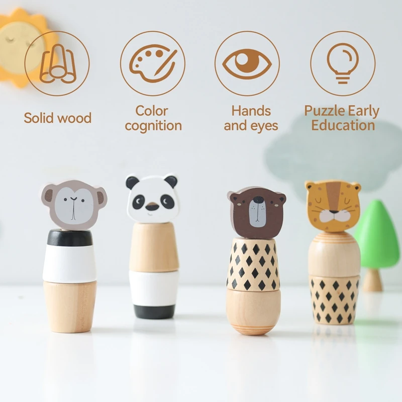 Wooden Montessori Toys Creative Cartoon Animal Bear Shaped Knob Screw Rattles Block Toys Kid Early Educational Puzzle Toys Gifts 5