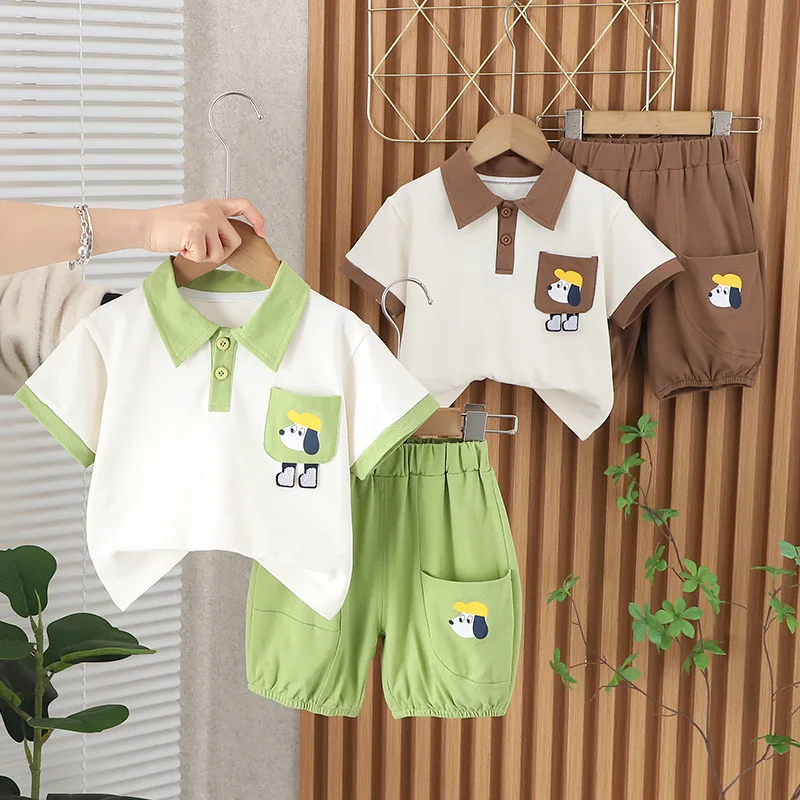 

Boys short sleeve suit summer new style casual pocket wearing hat dog lapel short sleeve two-piece set tide