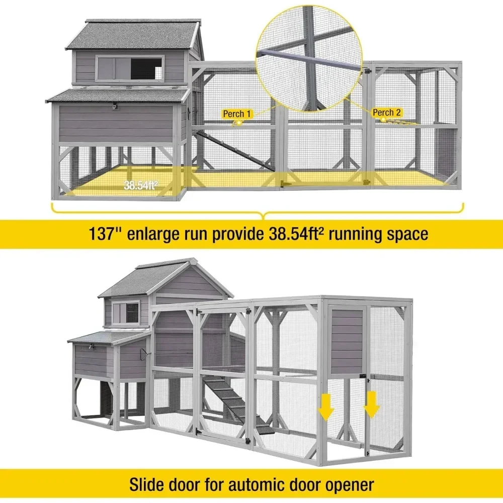 Chicken Coop Extra Large Chicken House for 8-10 Chickens, Outdoor Wooden Hen House Poultry Cage w/Two Nesting Boxes, Large Run 5
