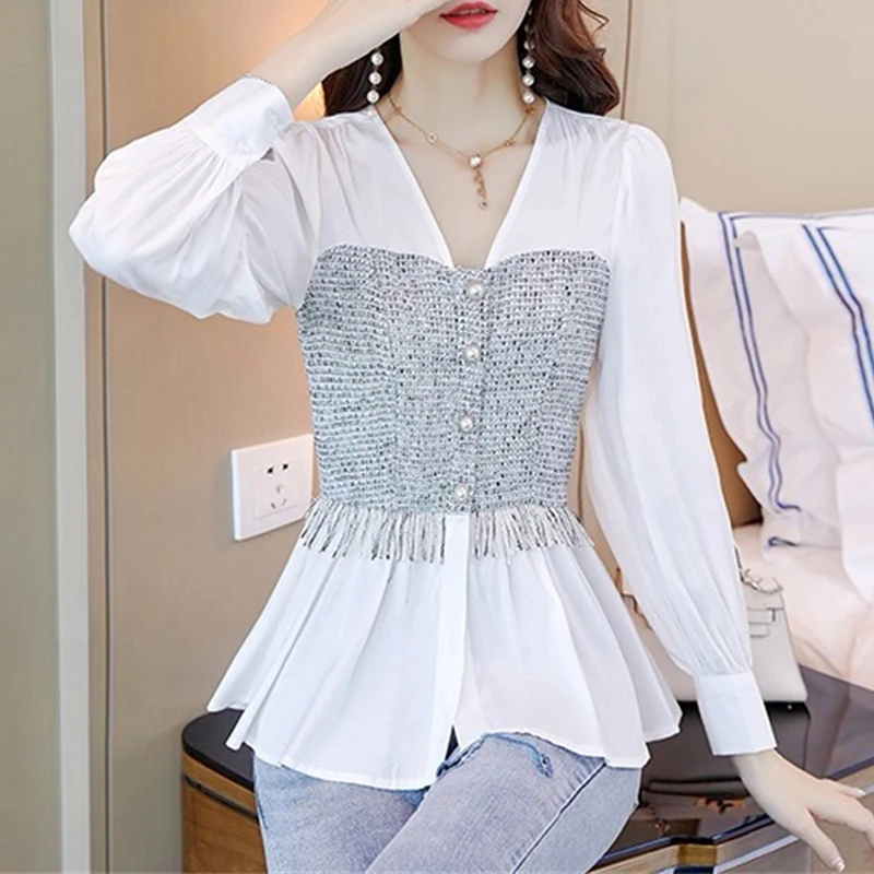 Women Ruffle Tassels Patchwork Beaded Button Design Chic Shirts 2023 Autumn Fashion V Neck Slim Elegant Blouses Long Sleeve Tops