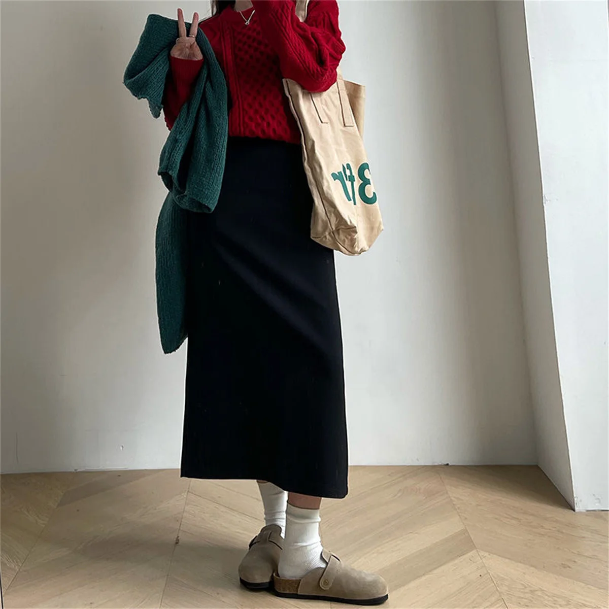 Chic Fashion Gray Black Sweater Coat Skirts Elegant Long Skirts Autumn Winter High Waist Midi Skirt Fashion New In Women Skirts