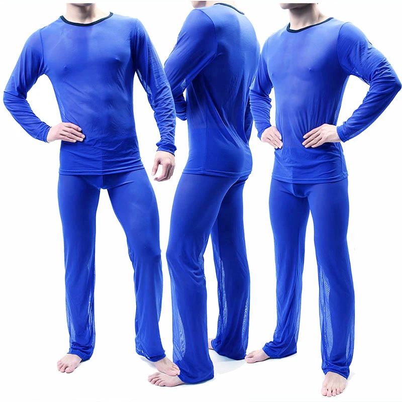 Sexy Men's Home Clothes Transparent Pajama Set Thin Breathable Comfortable Elastic Sleepwear Long Sleeved Nightwear E685 silk pajamas