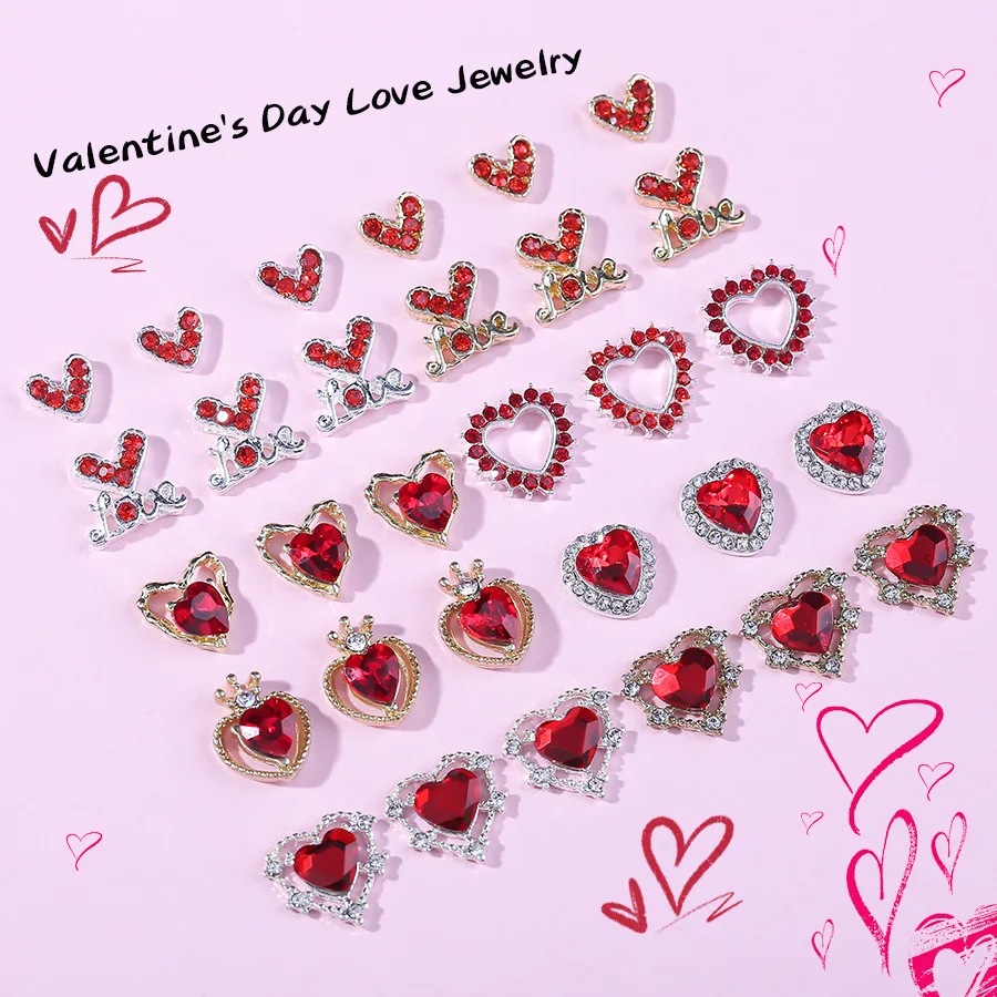 

10pcs 3D Metal Alloy Red Valentine's Day Hollow Heart Nail Art Sticker Heart Jewelry Luxury Rhinestone Gems Decoration Charms