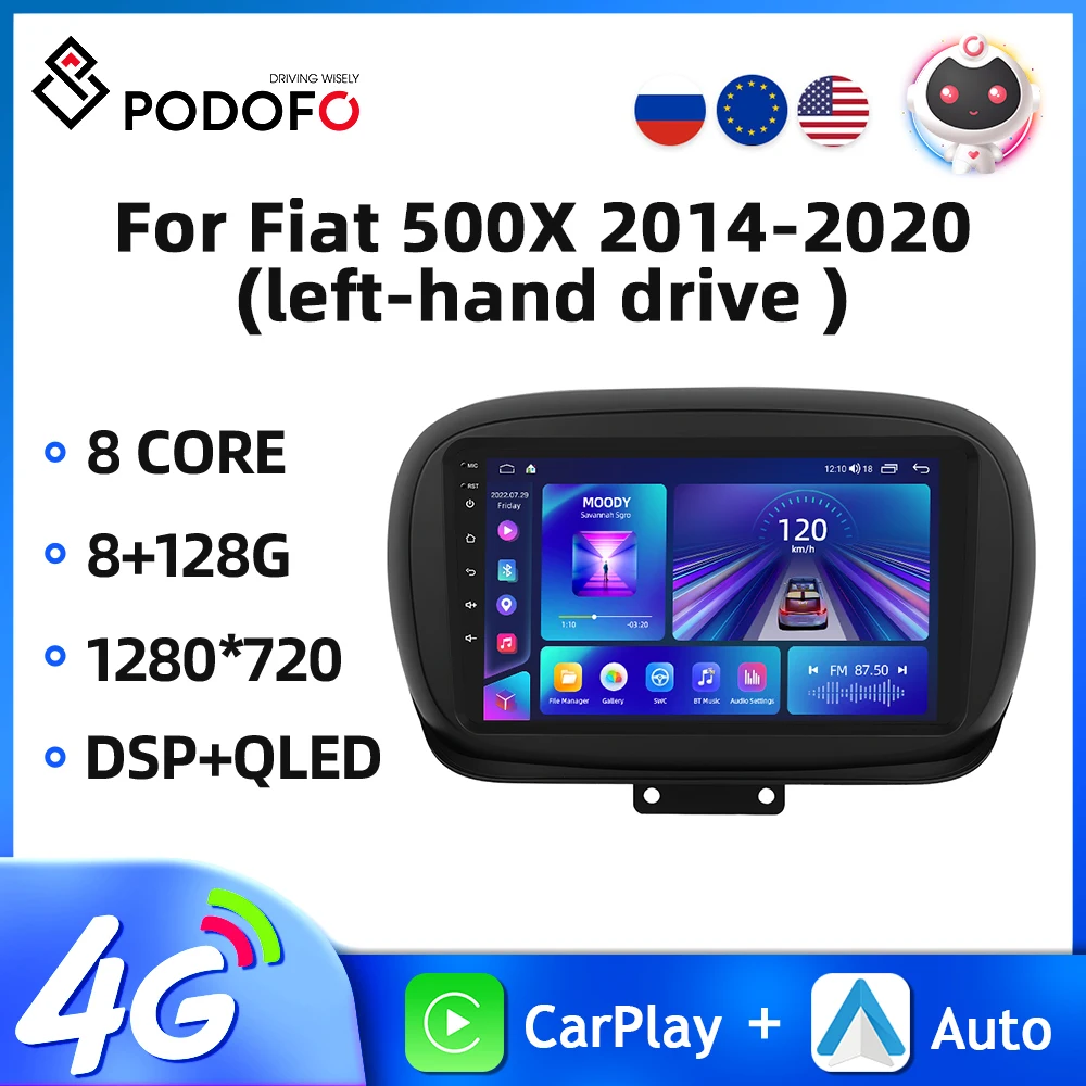 Podofo 2Din 9 ''Autoradio Per Fiat 500X 2014-2020 Lettore Multimediale Carplay Android Auto Navigazione Gps Wifi 4G 8Core Autoradio