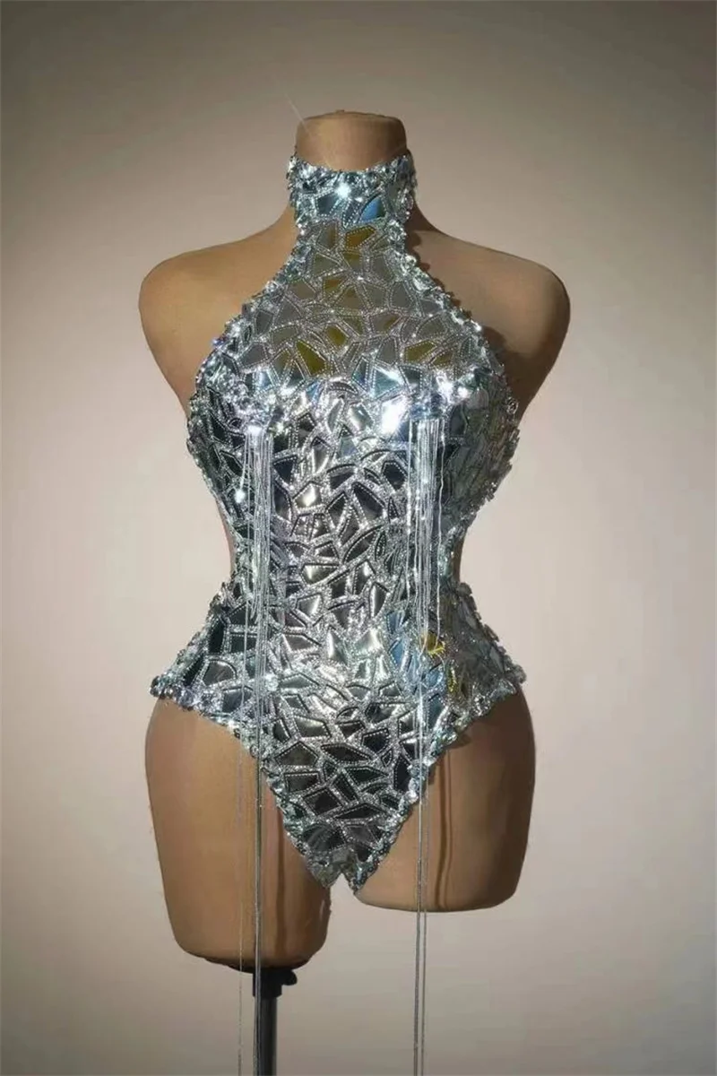 

Shina Silver Mirrors Rhinestones Bodysuit HaWomen Sexy Backless Pole Dance Outfit DragQueen Costume Niahtclub Ds Di Rave B210