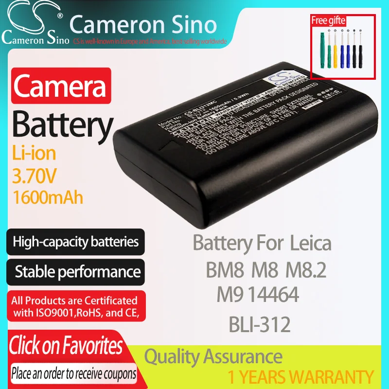 Batteria Cameronsino Per Leica Bm8 M8 M8.2 M9 14464 Adatto Per Fotocamera Leica Bli-312 Batteria 1600Mah 3.70V Li-Ion Nero