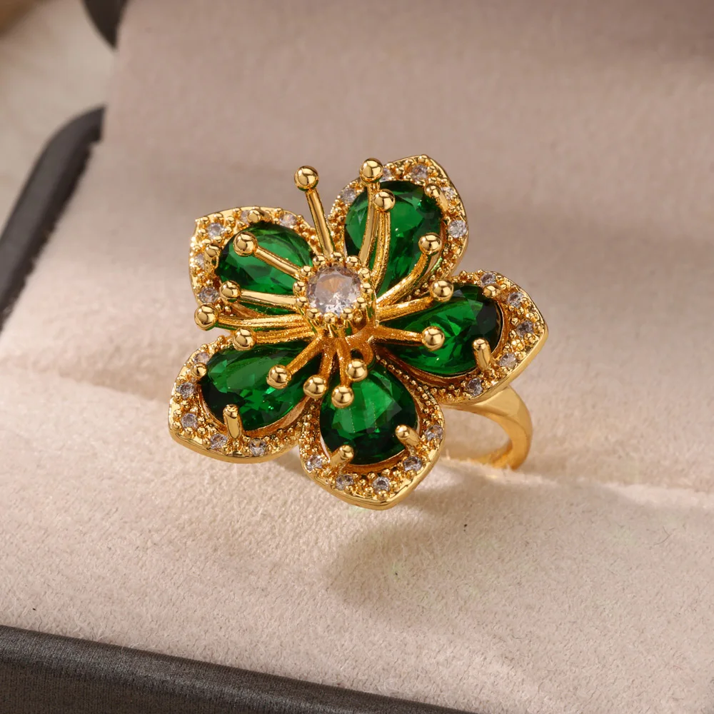 Green Zircon Flower Rings Gold Color Stainless Steel