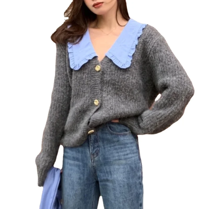 

VII Brand 2023 Women S Wool Blend Mohair Gray Collar Knitted Cardigan for Women Vintage Wool Free Shipping Offers in Promotion