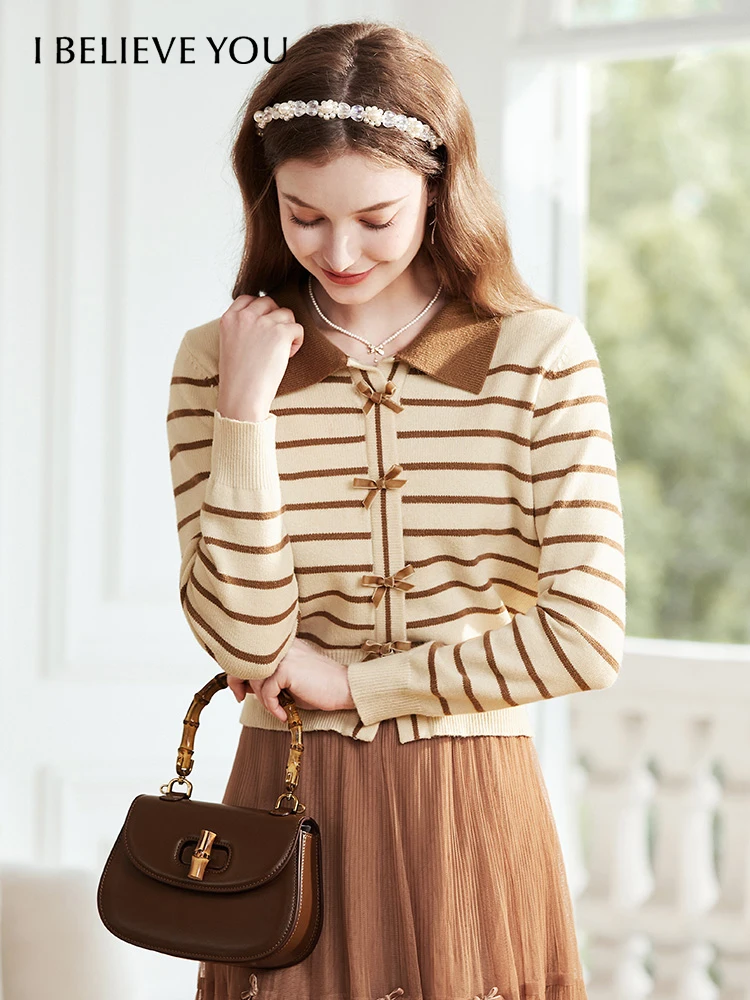 I BELIEVE YOU Women Sweater Autumn 2023 Apricot Striped French