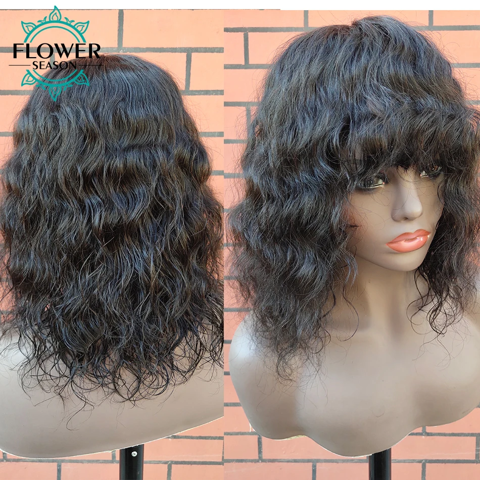 앞머리가 있는 짧은 밥 가발, 바디 웨이브 인모, 앞머리가 있는 짧은 웨이브 밥 가발, 180% 두피 탑, 풀 머신 메이드 가발