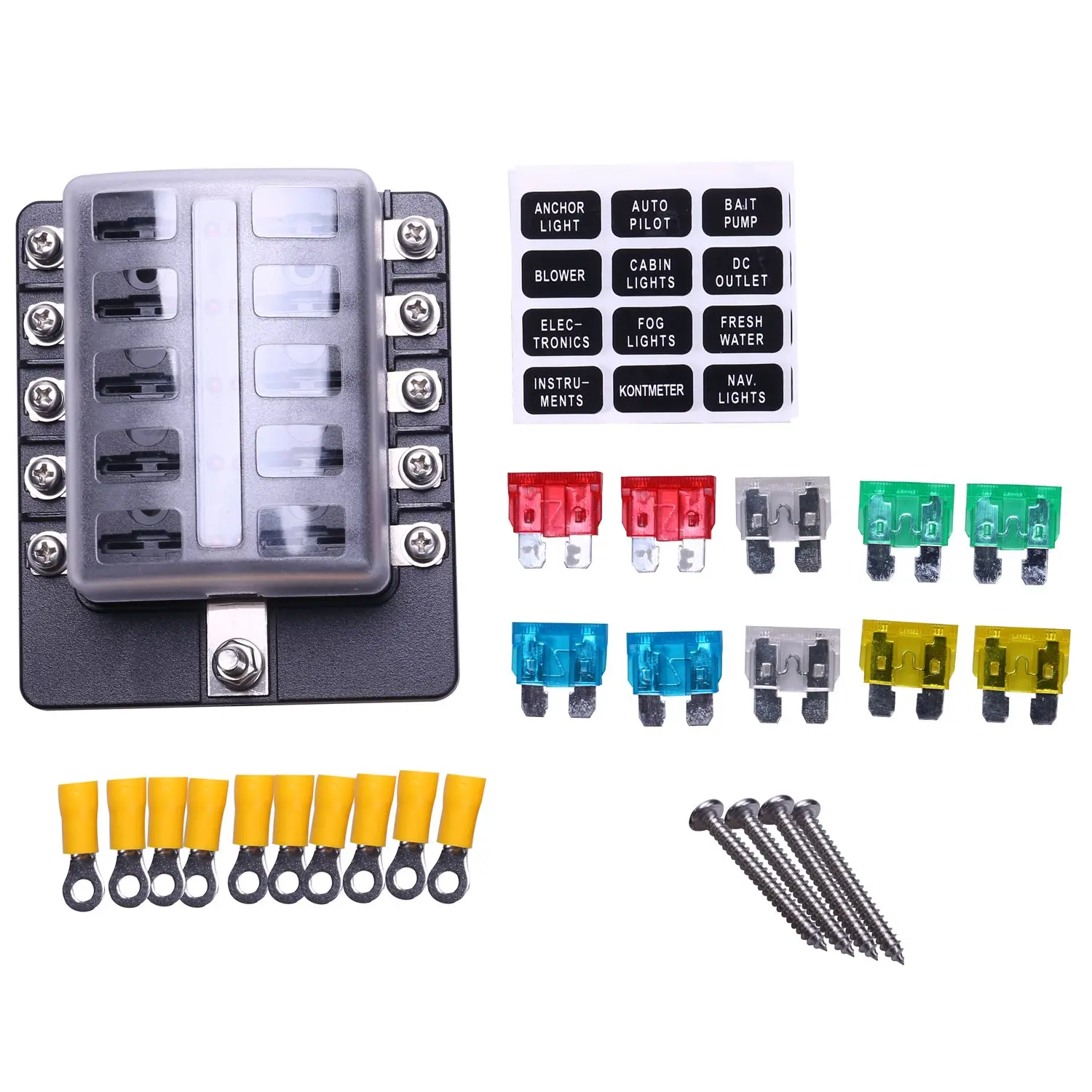 

Блок предохранителей с 10 отверстиями, блок предохранителей с красным светодиодным индикатором, 10 предохранителей, 10 клемм для автомобилей, лодок, морских фургонов, грузовиков, 12 В