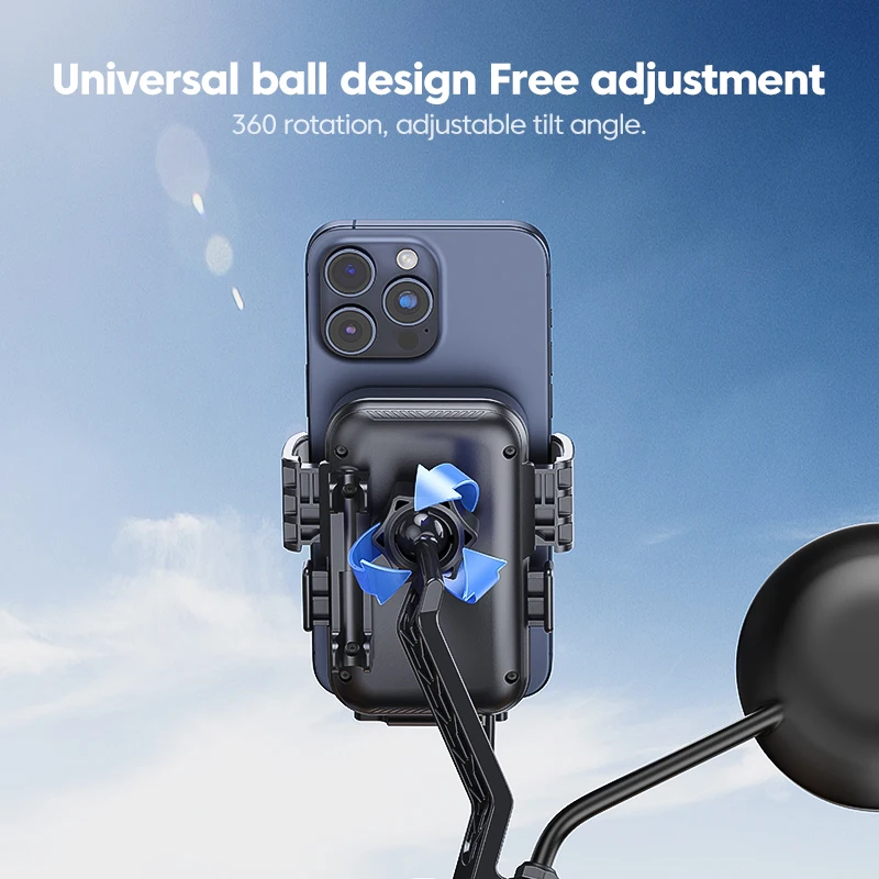 Rainproof Bicycle Motorcycle 360 Rotation Phone Holder 15W Qi Wireless Charger for 4.7-7.2inch Cellphone Rearview Mirror Bracket