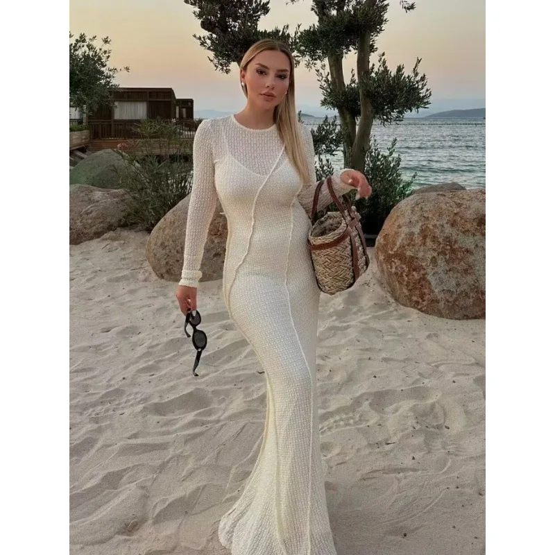 

White Crochet Dress Women Long Sleeve Knitted Maxi Dresses Female Hollowed Out Slim Dress Ladies Autumn Elegant Casual Vestidos