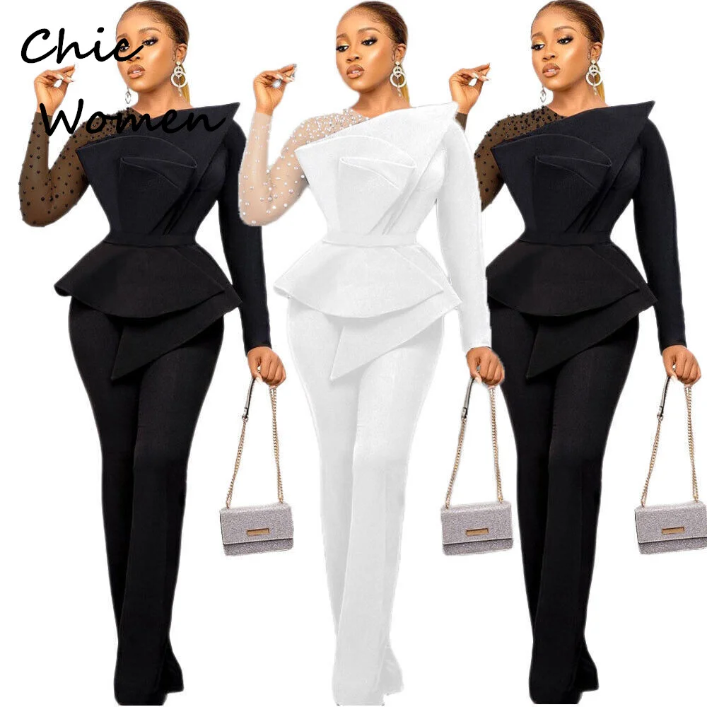 

Elegant Black Girls Prom Dress 2023 With Pant Suit Beaded White Black Long Sleeve Aso Ebi Evening Dress Nigerian Formal Party
