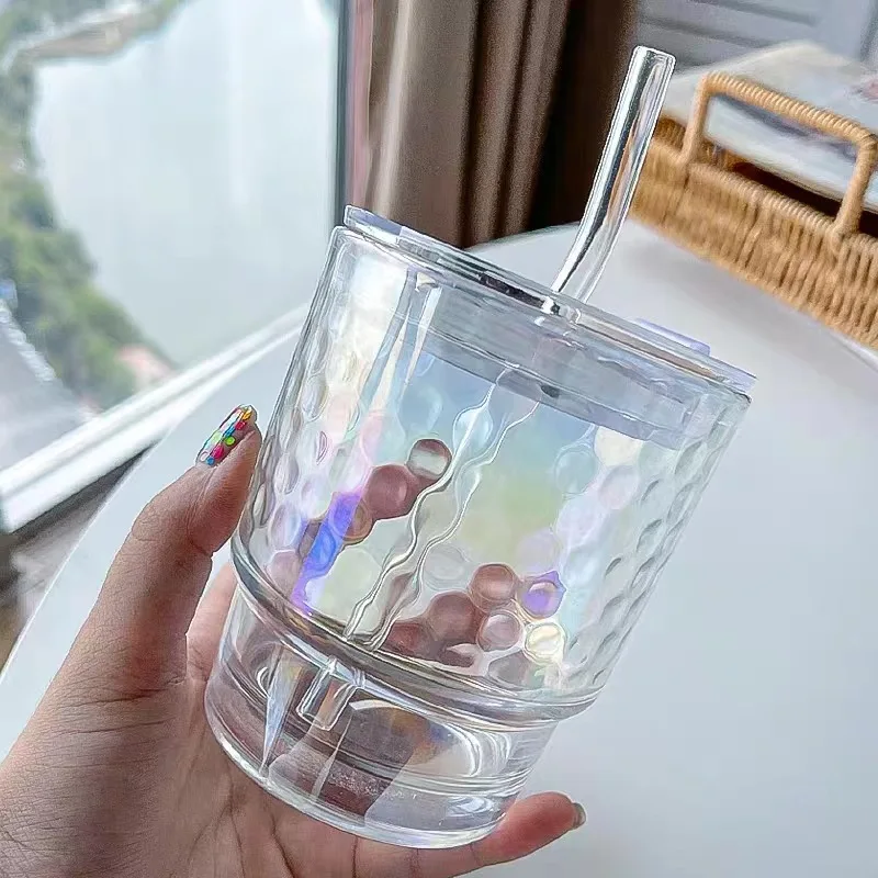 350ml Simple Stripe Coffee Glass Cup With Lid and Straw Transparent Bubble Tea Cup Household Ice Cream Yogurt Milk Juice Mug