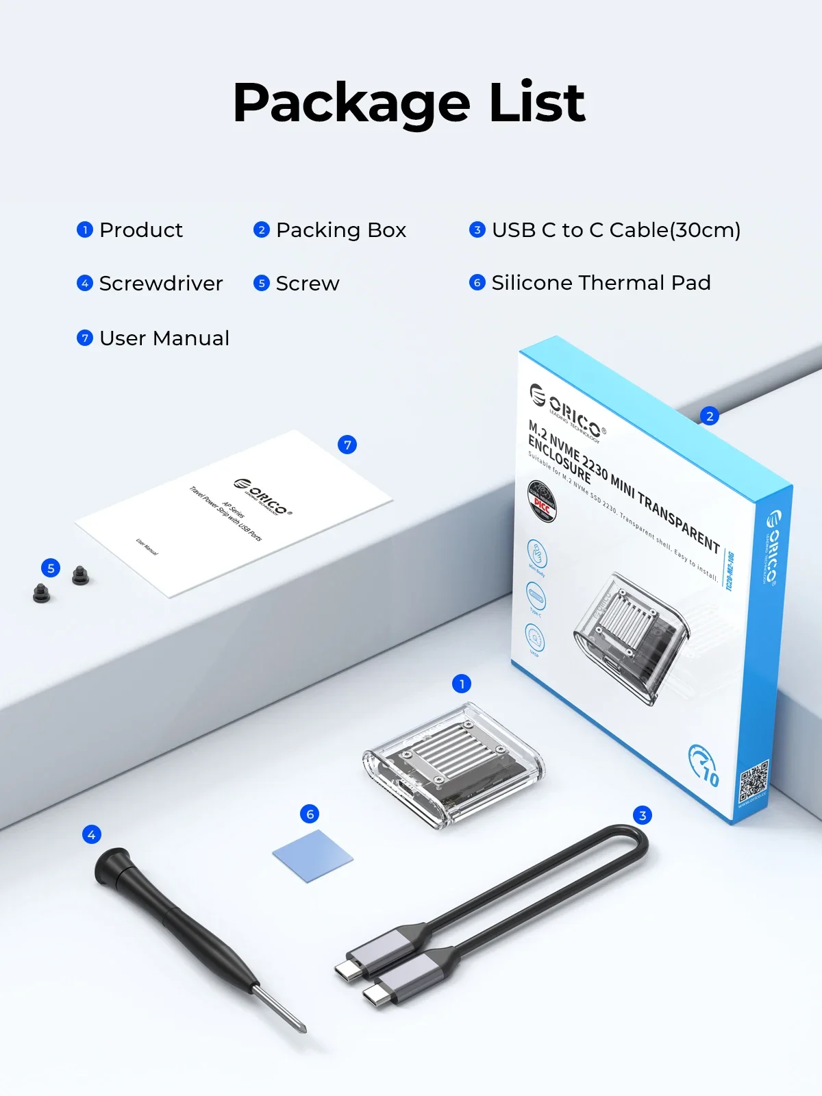 Orico-nvme Ferramenta de Gabinete Ssd M.2 para Usb tipo c Adaptador Externo Transparente Suporte 2230 Pcie Ssd 10gbps Livre - Imagem 4