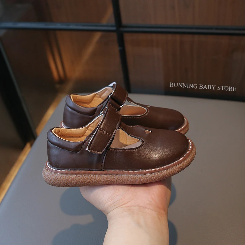 2024 Spring Children's Leather Shoes Single Shoes Girl Princess Shoes Brown Beige Fashion Love Cute Girls Casual Footwear H09232 2