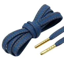 Stylish Blue Denim Flat Shoelaces with Decorative Strap - Durable and Trendy Accessory - 180 cm (3104 - Light Blue - Gold)