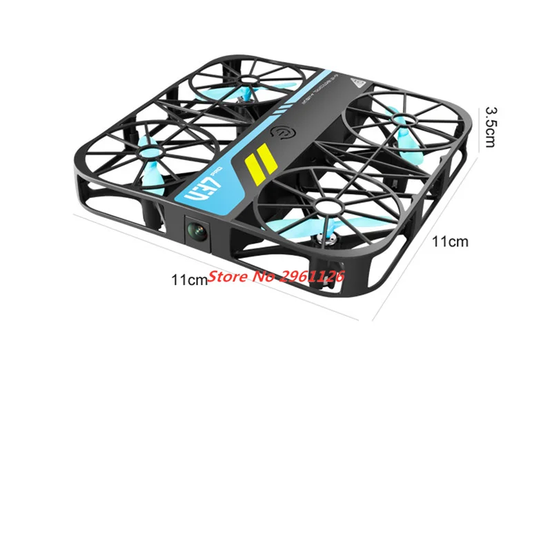 Vue rapprochée de la caméra 4K 6K 8K d'un mini drone jouet télécommandé avec deux batteries.