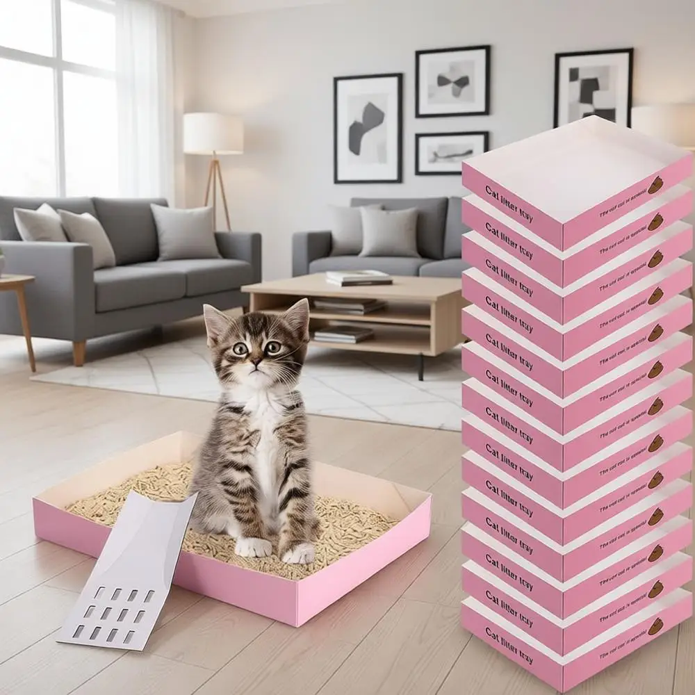 60 Pack Disposable Litter Boxes, 30 Foldable Travel Boxes & 30 Scoops, Portable Waterproof Cardboard Trays for Small Pets, 13.8