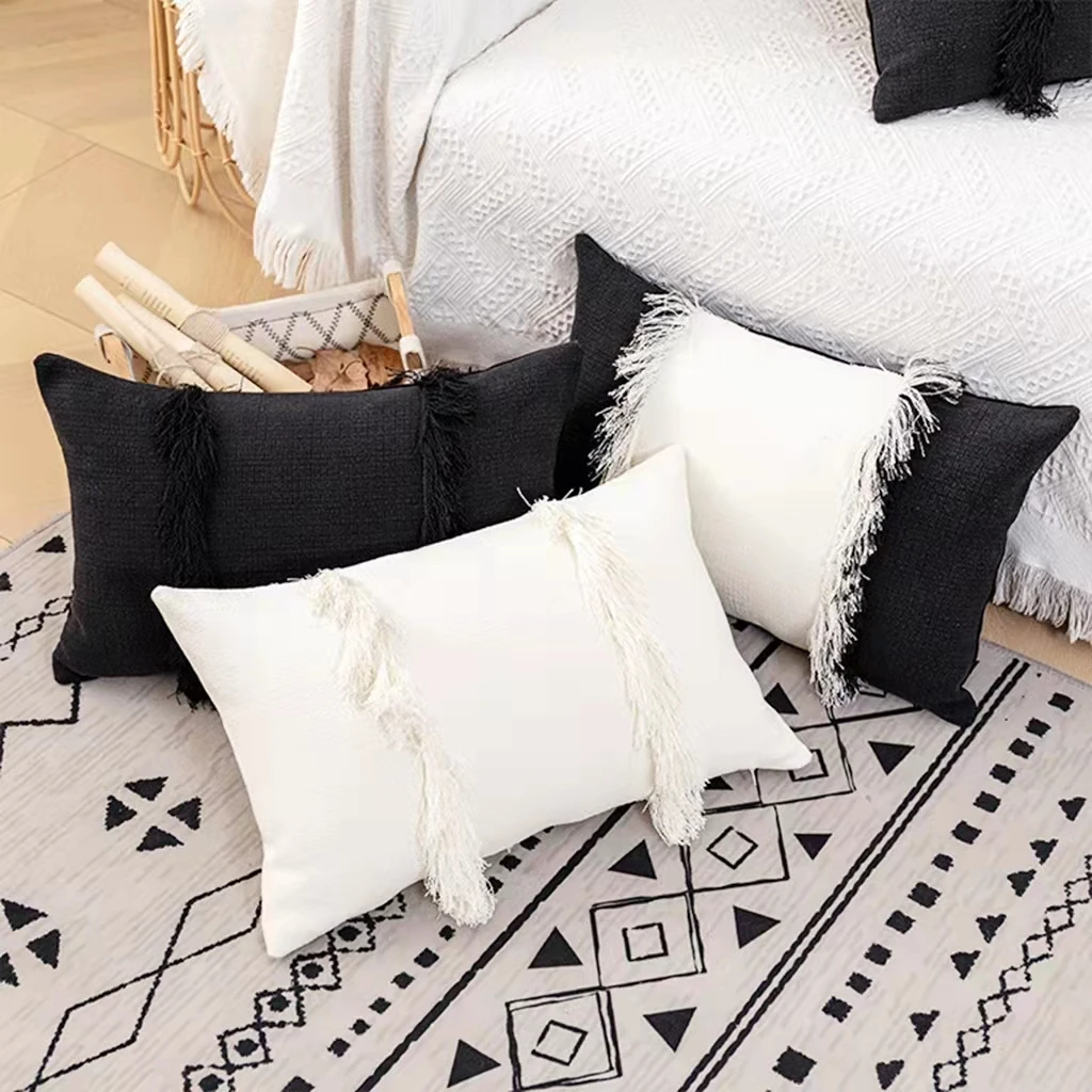 

30x50cm/45x45cm Cushion Cover Cotton Linen With Tassel Black and White Tufted Pillow Case Decorative for Living Room Bedroom