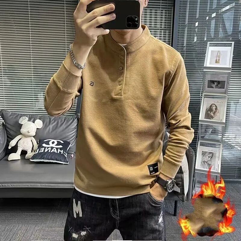 Men's 2023 Spring and Autumn New Korean Edition Solid Color Long Sleeve Stand Collar Printed Embroided Pullover Hoodie Slim Tops