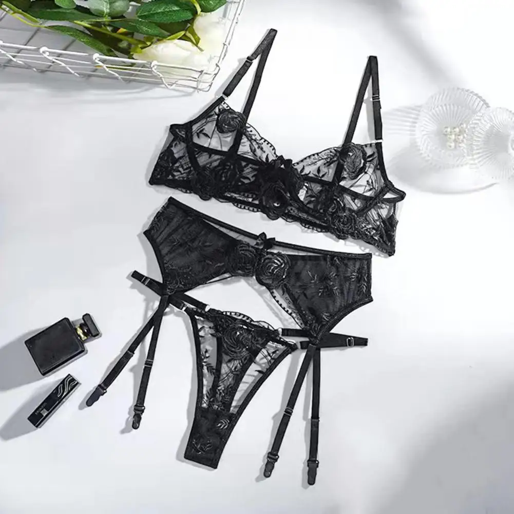 3 Pcs Lace Bra Panties Set Flower Bow Decor Wired Push Up Elastic Thigh Rings Romantic Wedding Night Lady Sex Underwear Set