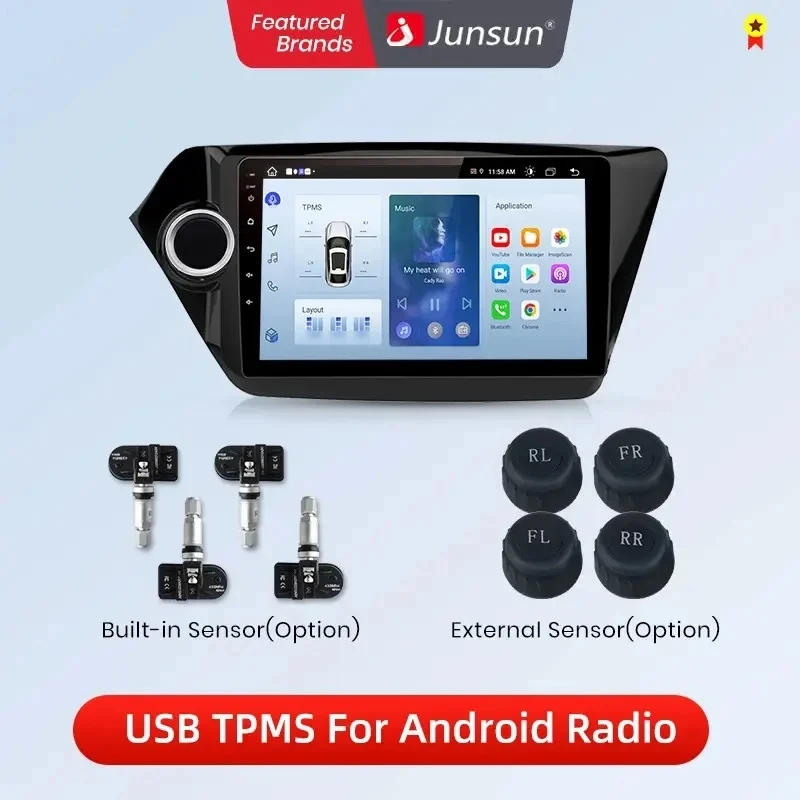 Junsun USB système d'alarme de surveillance de la pression des pneus TPMS avec 4 capteurs internes pour lecteur DVD de voiture accessoires de voiture de Navigation