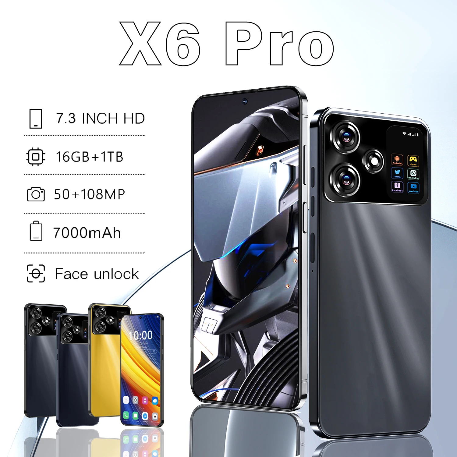 Оригинальный смартфон X6 Pro, экран 7,3 дюйма, Φ 16G + 1TB, Snapdragon 8 gen3, Android 14, 50 + 108 МП, 4G/телефон, телефон