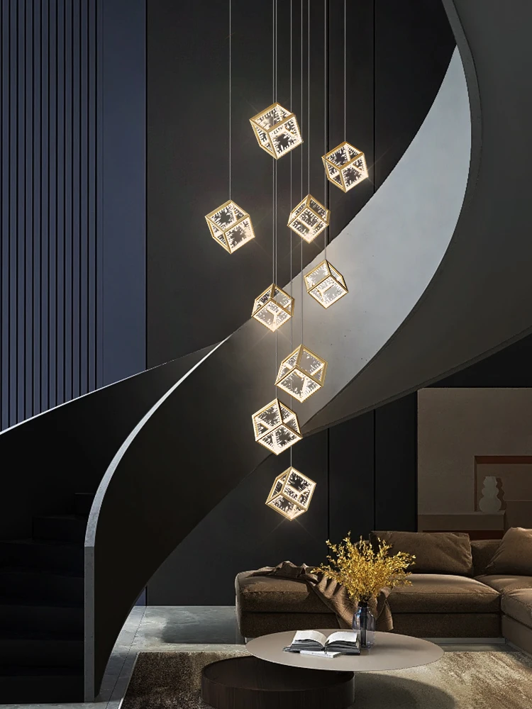 

Crystal Glass Rubik'S Cube Revolving Living Room Stair Chandelier Restaurant Shop Exhibition Hall Duplex Villa Long Chandelie