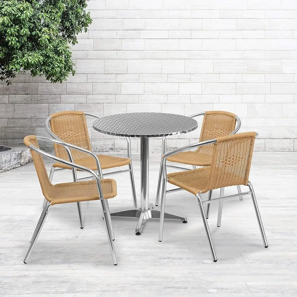 27.5 Inch Round Aluminum Table Set with 4 Rattan Chairs Lightweight Indoor Outdoor Dining Furniture Commercial Residential 2