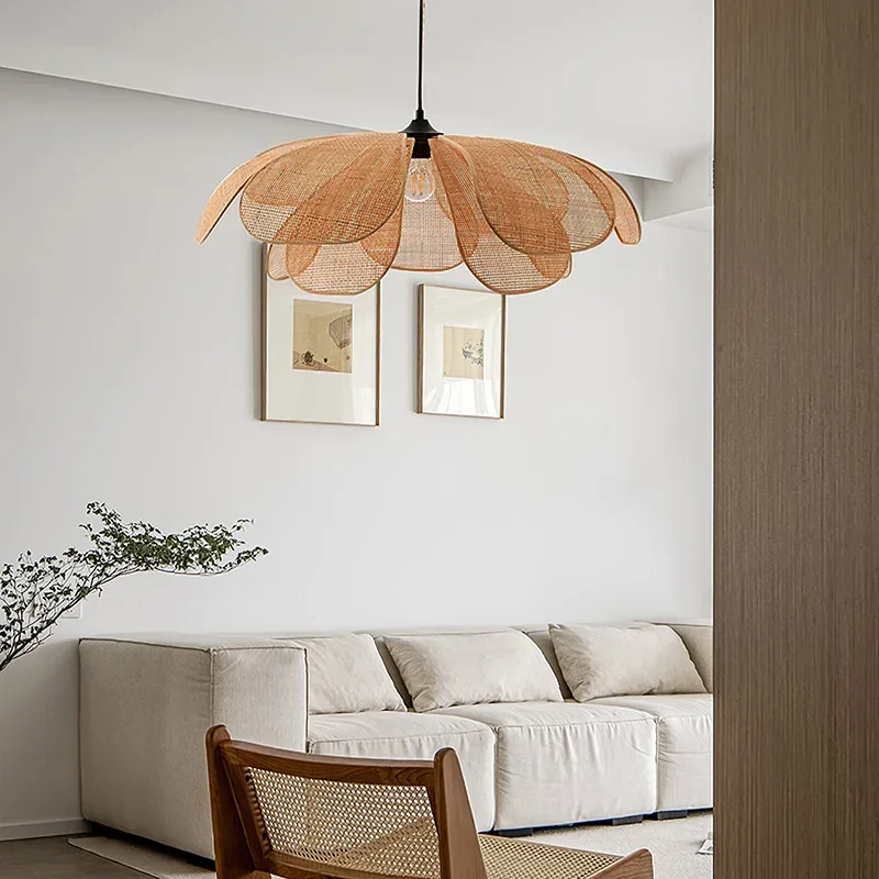 Japanese Style Rattan Penant Lamp Weaving Petal Willow LED Chandelier Bedroom Tea Dining Room Island Indoor Lighting Decor 2