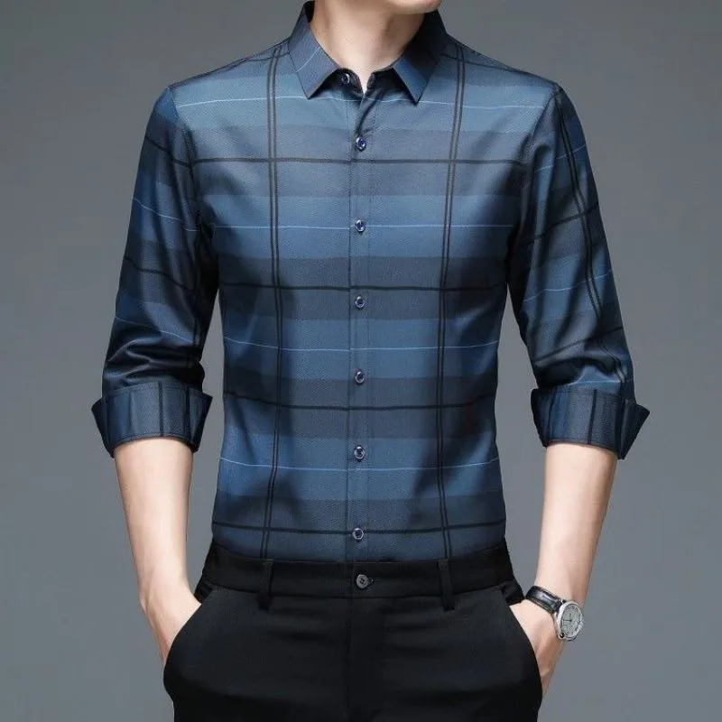 2023 New Spring Summer Long Sleeve Shirt Men's Business Casual Shirt Plaid Button Stripe Thin Fashion Vintage Tops