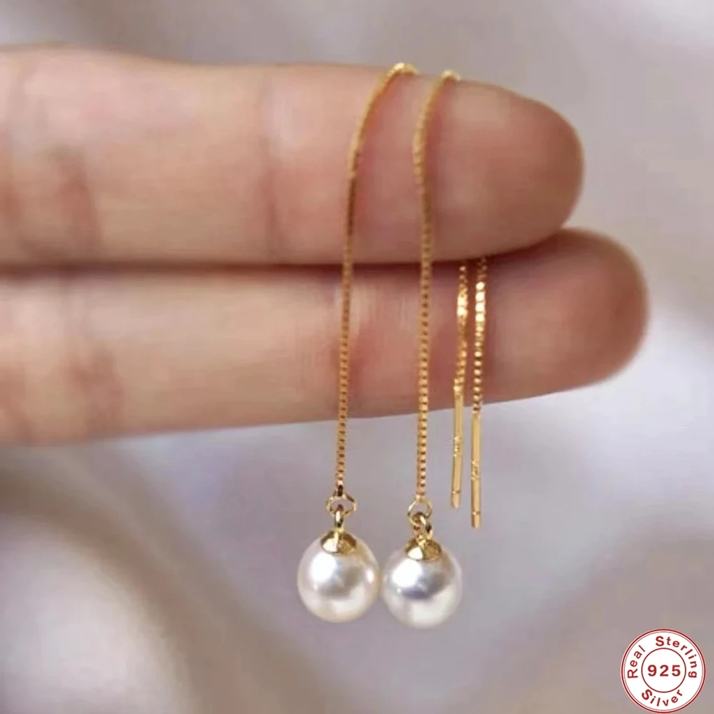 

AIDE 925 Sterling Silver Elegant Drop Earrings for Women Girl Threader Earrings Pearl Dangle Ear Line Long Chain Classic Jewelry