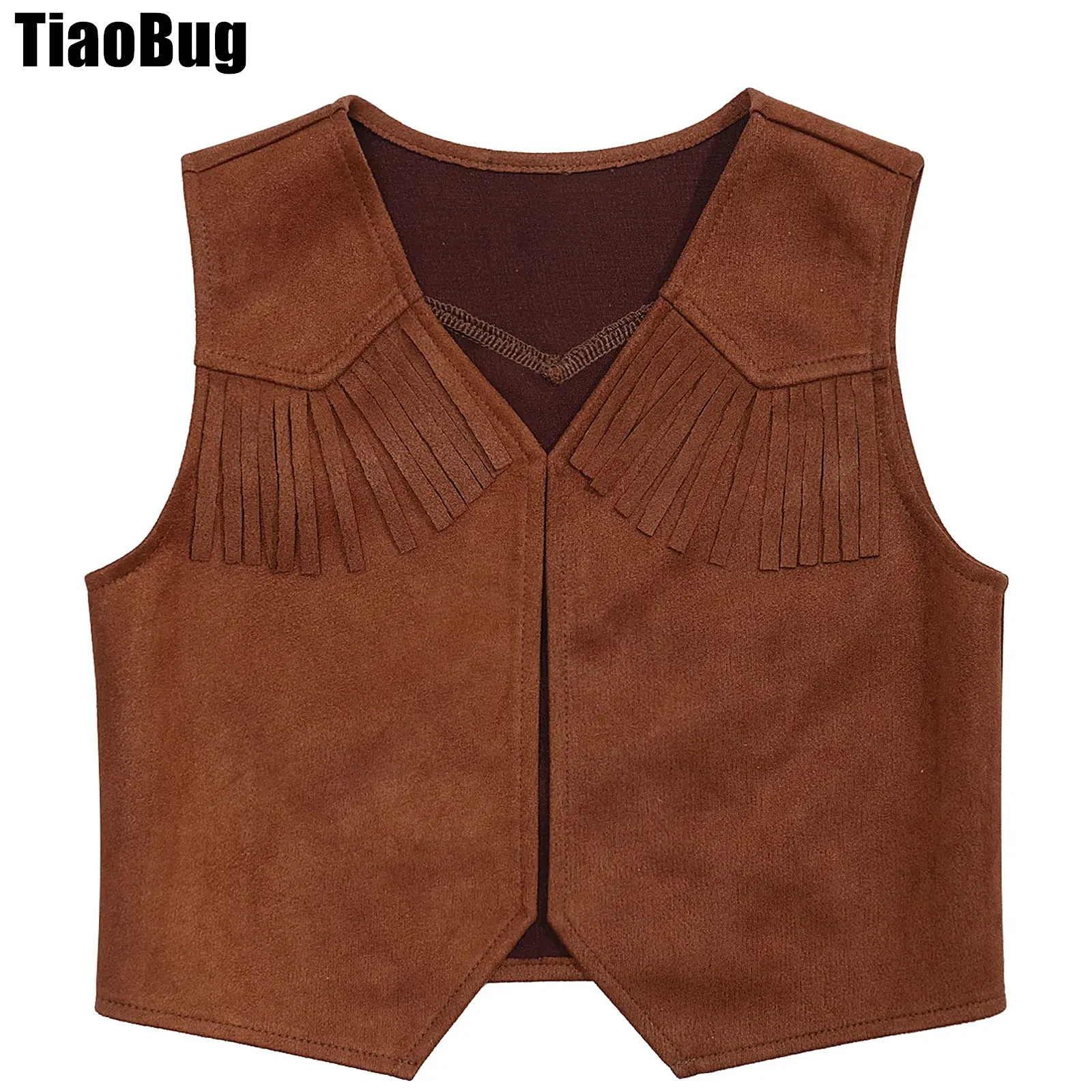 

Kids Boys Western Cowboy Dress Up Vest Pointed Hem Fringe Decor Open Front Vest for Cosplay Halloween