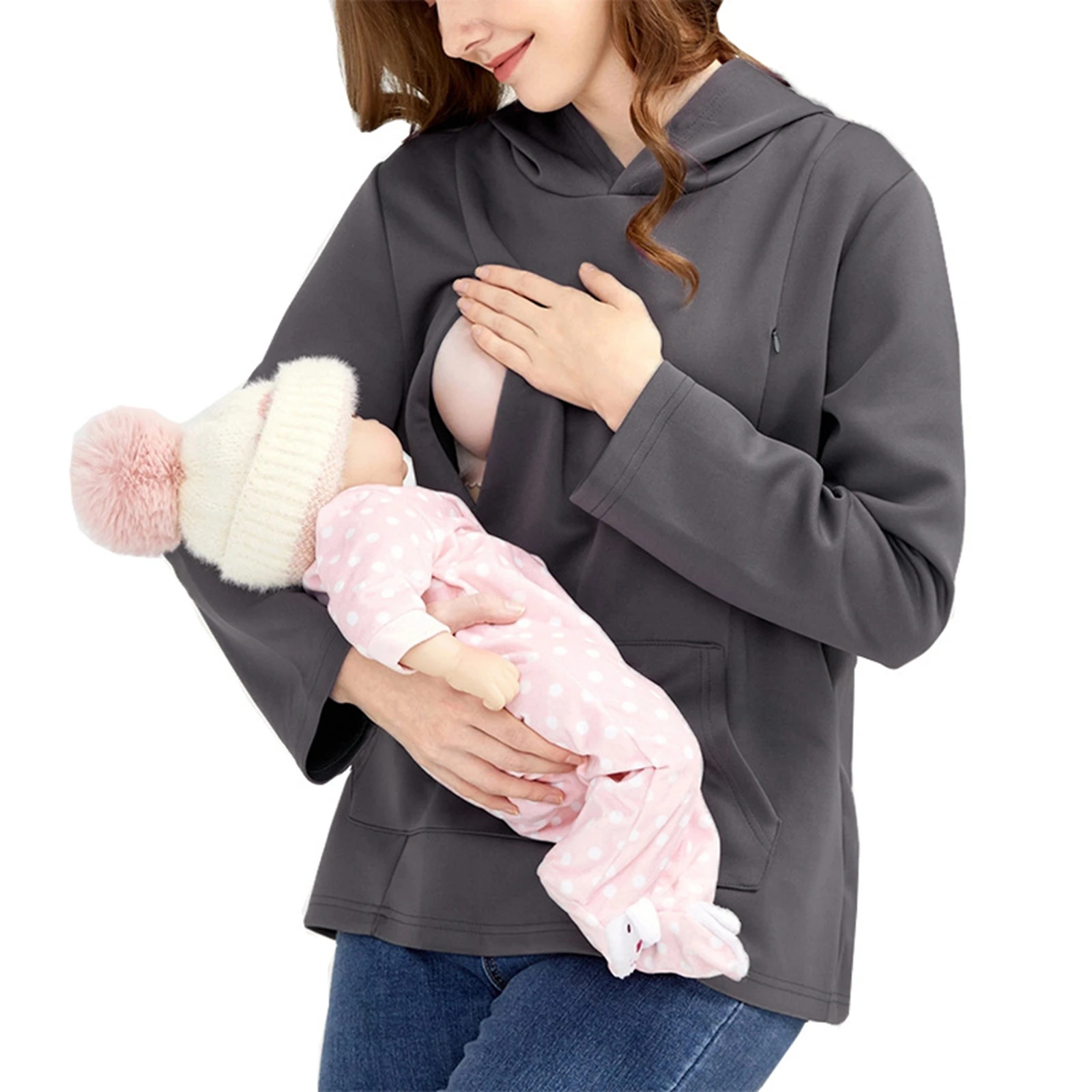 Women's Maternity Nursing Hoodies Solid Color Hooded Long Sleeve Breastfeeding Pullovers Pregnancy Sweatshirts