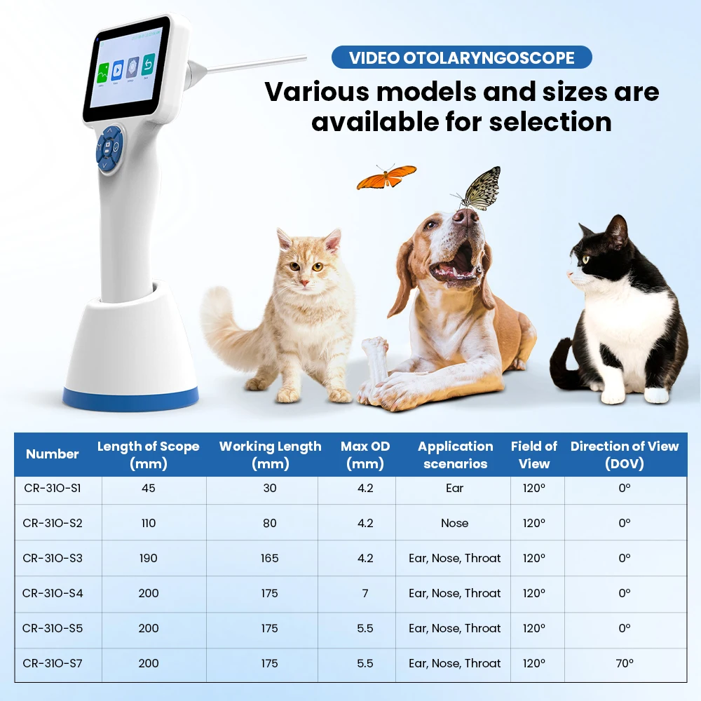 Video Otorhinolaryngoscope Veterinary Portable ENT Video Otoscope 3.2 Inch Touch