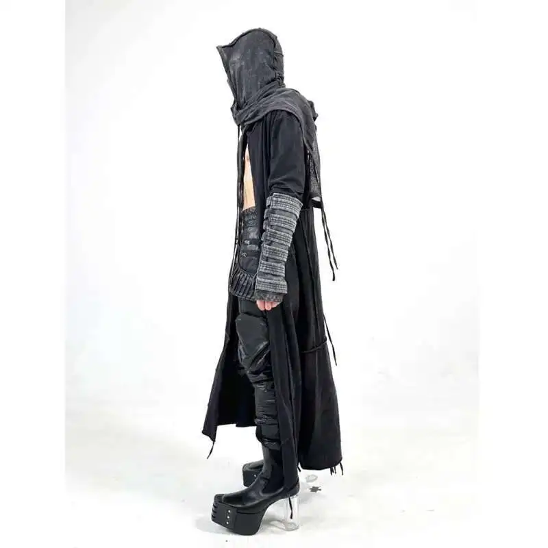 HKSH Men Waste Land Sand Vintage Washed Long Hooded Cape Hanging Vertical Cut Windbreaker Bottom T-shirt Long Sleeve Tees HK4376