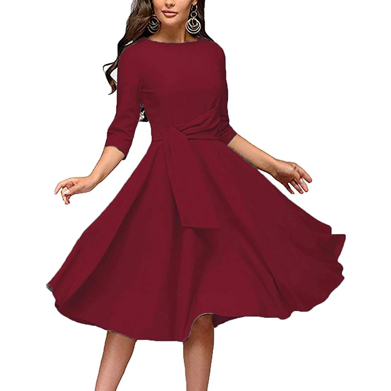 

Plus Size Dresses For Women Party Round Necked Mid Sleeve Belt Waist Retro Skirt Dress Summer Dresses For Women Платье Женское