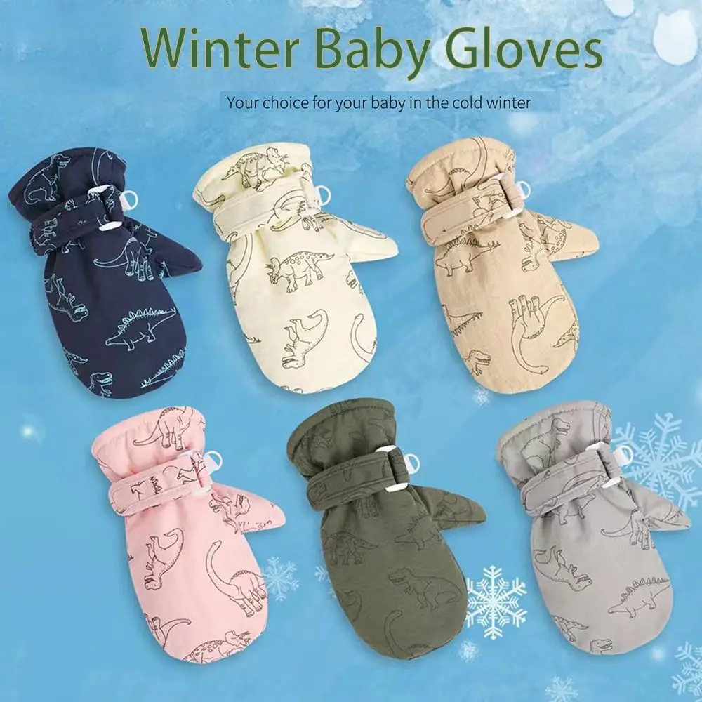 Warm Winter Baby Gloves Skiing Snow Gloves For Kids Toddler Cartoon Dinosaur Print Thickened Fleece Girls Boys 2-6Y