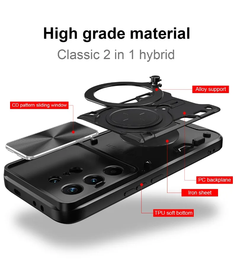 Tecno Camon Heavy Duty Shockproof Armor Case with Magnetic Ring Holder and Slide Lens Protection Cover